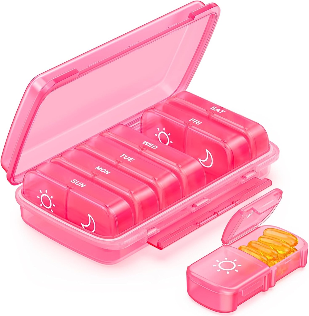 Weekly Pill Organizer 2 φορές την ημέρα με υγρασία ανθεκτικό σχεδιασμό, ροζ AM PM Pill Box 7 ημέρα για εύκολη πλήρωση, φορητό χάπι θήκη για το ταξίδι, μεγάλο χάπι κάτοχος για βιταμίνη, ιχθυέλαιο, συμπλήρωμα