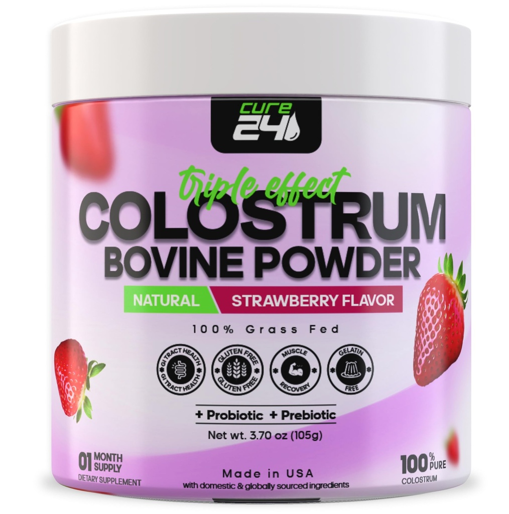 Bovine Colostrum X3 İnsanlar için Toz, 100% Pure Whole Natural Grass Fed Superfood, High IgG, Plus Probiyotik & Prebiyotik, Natural Strawberry Flavor, Made in USA