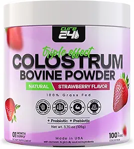 Bovine Colostrum X3 Supplement Powder for Humans, 100% Pure Whole Natural Grass Fed Superfood, High IgG, Plus Probiotic & Prebiotic, Natural Strawberry Flavor, Made in USA