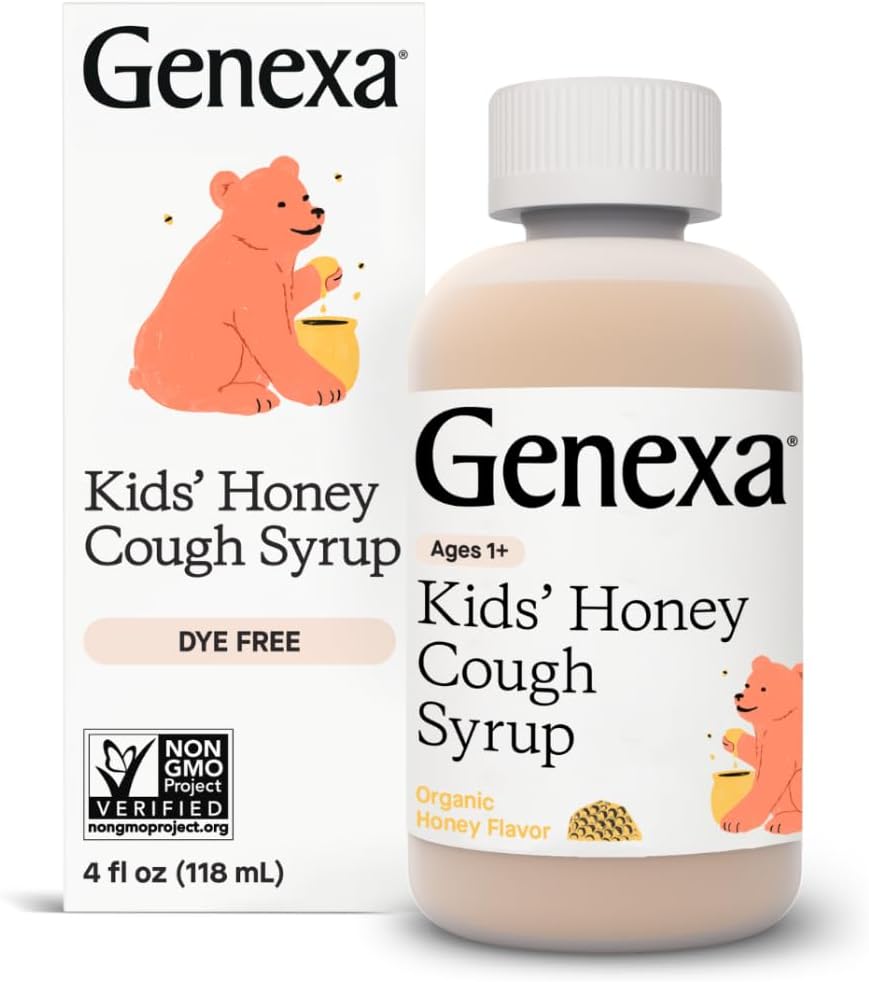 Genxa Kids' Organic Honey Cough Syrup, Dye Free, 0% Yapay Katkılar, Çocuk 2-11 Çocuklar için Yeniden Çatıldı, Soothing Natural Honey Flavor, Gluten Free, & Non-GMO 4 fl ozz