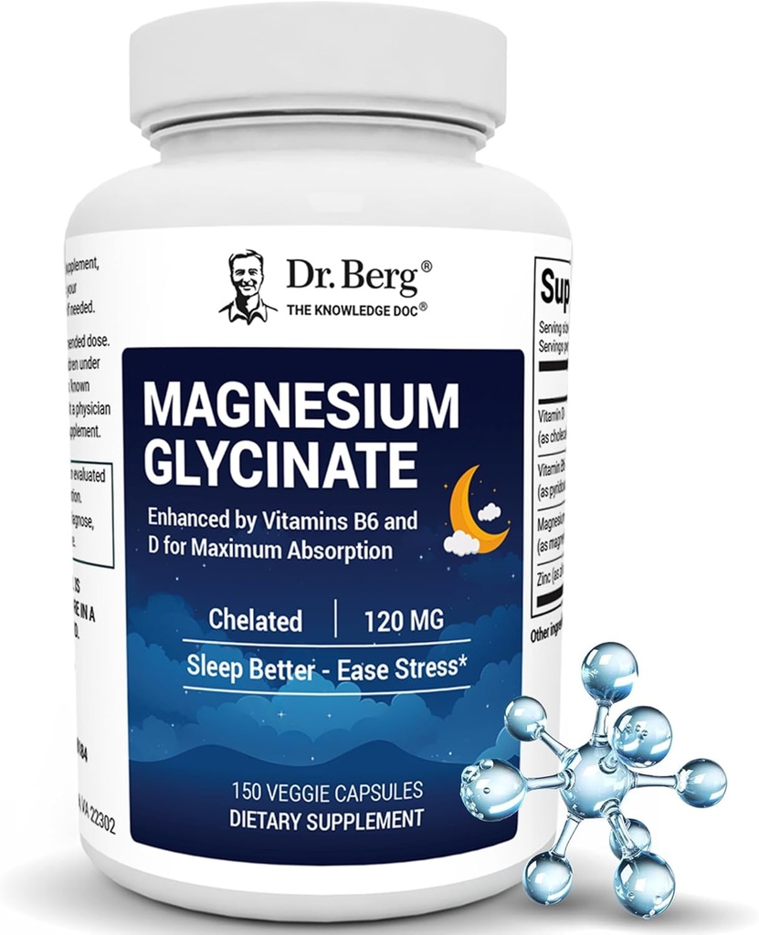 Dr. Berg en güçlü 4-in-1 Chelated Magnezyum Glycinate with Clean, Potent & Pure Materialss | 4X Lab-Tested &  Valid | USA Formulated Magnezyum Supplement Capsules | 150 Capsules