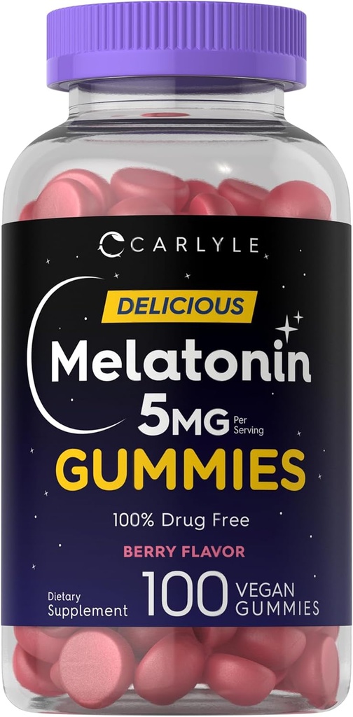Carlyle Melatonin 5 mg Gummies | 100 Count | Berry Flavor |% 100 Drug Free | Non-GMO, Gluten Free Supplement Supplement
