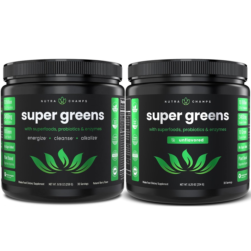 NutraChamps Super Greens Berry & Super Greens Άγευστο πακέτο - 2 Μήνες προσφοράς
