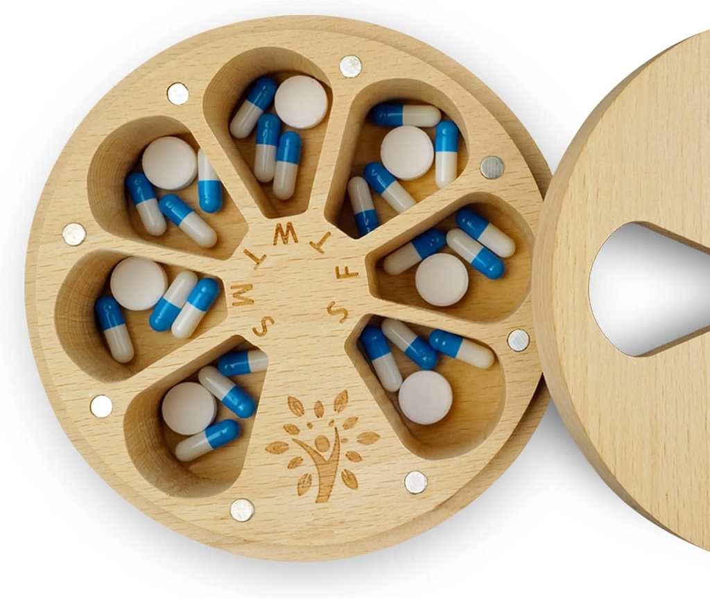 Wood Weekly Hill Organizer for Medicine Βιταμίνη, Αρθρίτιδα Φιλική 7-Day κουτί χάπια Medium διαμέρισμα κάτοχος, καθημερινή φορητή θήκη ταξιδιού χάπι με τσάντα Velvet