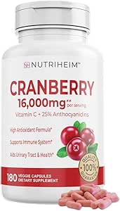 Cranberry Extract Pills% 25 Proanthocyanidins with Vitamin C - Urinary Tract, Skin, Immune Support - 180 Veggie Capsules - Non-GMO, Gluten-Free, Vegan Friendly Friendly Friendly
