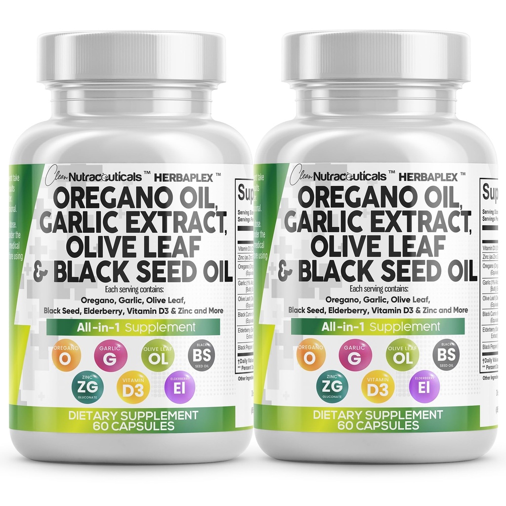 Temiz Nutraceuticals Oregano Oil Olive Extract Olive Leaf Black Seed Oil - Immune Support & Digestive Health Supplement for Women and Men with Vitamin D3 & çinko - 2Pack