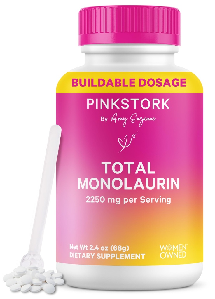 Pink Stork Monolaurin Pellets – Vegan Lauric Acid Immune & Gut Υποστήριξη για τις γυναίκες – Microbial Balance, Digestive Wellness – Odorless, Scoopable Monolaurin Supplement – 226g – 75 Services