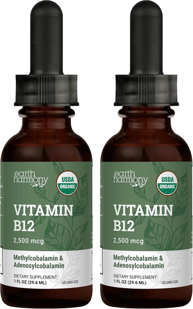 USDA Organik Vitamin B12 2000mcg Sublingual Liquid Supplement (2-Pack) - Vegan Mecobalamin Natural Energy için damlalar, Metabolism ve Immune Sistem Desteği - 1 Fl Oz