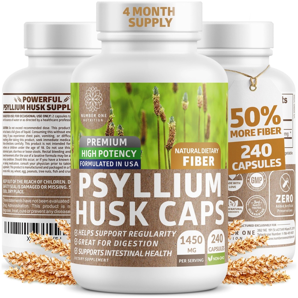 N1N Premium Κάψουλες Ψυλλίου Χάσκ [All Natural,1450 MG] Ισχυρό συμπλήρωμα διαλυτών ινών για την υποστήριξη της κανονικότητας και της πειθούς υγείας, 240 Caps
