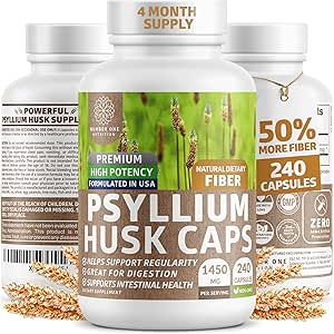 N1N Premium Psyllium Husk Capsules [All Natural,1450 MG] Düzenliliği ve Digestive Health'i desteklemek için Güçlü bir Fiber Supplement, 240 Caps