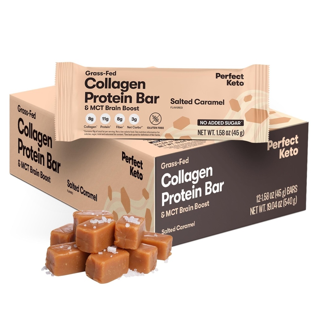 Τέλειο Keto Bars - The Cleanest Keto Snacks με Collagen και MCT. Χωρίς προστιθέμενη ζάχαρη, Keto Diet Friendly - 3g Net Carbs, 19g Λίπος,11g Πρωτεΐνη - Διατροφή Επιδόρπιο Τροφίμων (Αλατισμένο Caramel, 12 Bars)