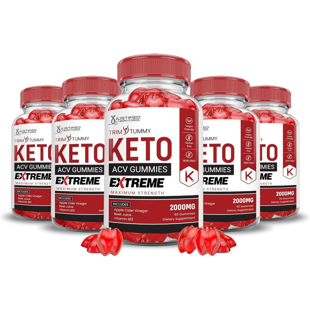 Justified Laboratories (5 Pack Trim Tummy Chem ACV Gummies Extreme 2000MG Trim Tummy Chem Gummies Apple Cider Vinegar Formulated with Pomegranate Beet Juice B12 Vegan Non GMO 300 Gummys