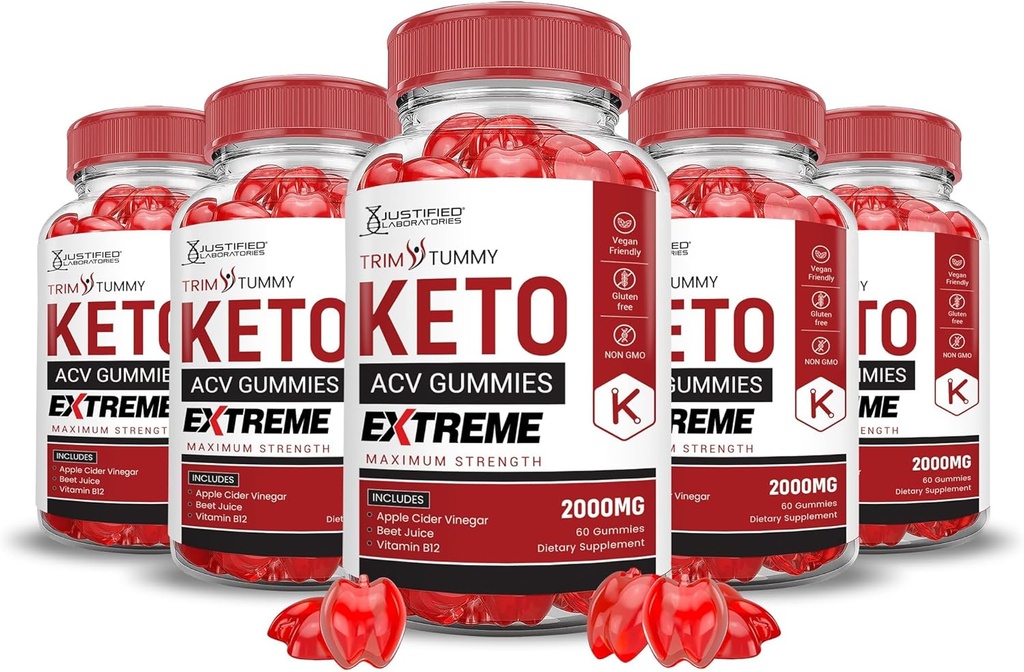 Justified Laboratories (5 Pack Trim Tummy Keto ACV Gummies Extreme 2000MG Trim Tummy Keto Gummies Apple Cider Vinegar Formed with Pomegranate Beet Buice Powder B12 Vegan Non GMO 300 Gummys