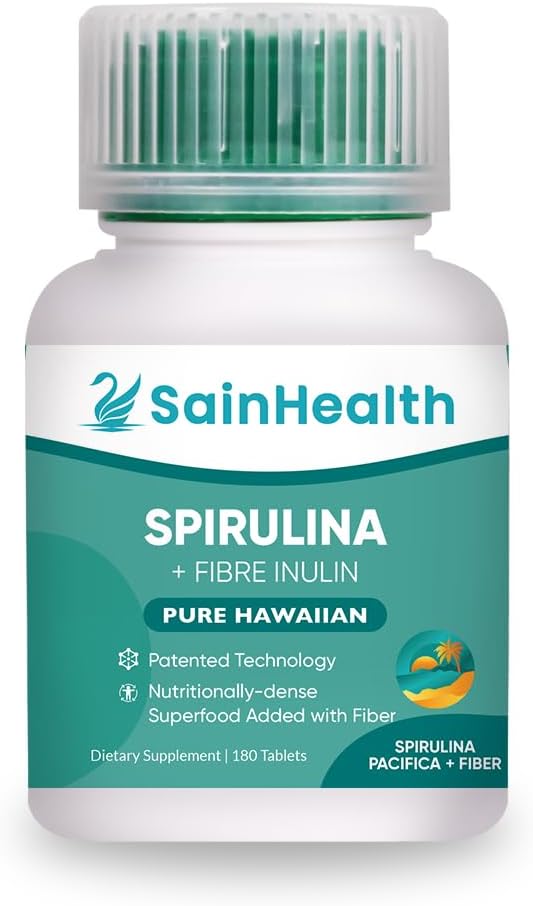 Spirulina + Fibre Inulin - Herbal Supplement, Spirulina Digestive Health için Fiber Vegan Tabletleri ekledi, 600 mg Spirulina, Vegan & GMO Free (180 Tablet)