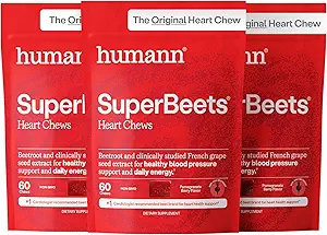HumanN SuperBeets Heart Chews, Nitrik Çimento ve Kan Basınç Desteği, Grape Seed Extract & Non-GMO Beet Root Toz Enerji, Pomegranate Berry Flavor, 180 Count Count Count