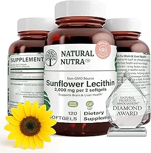 Doğal Nutra Sunflower Lecithin 2000 mg Supplement, Destekler Ölmüş Süt Kanalları Yardımı, Liver & Brain Health ATM, Soy Free, Non-GMO, Gluten-Free, 120 Softge
