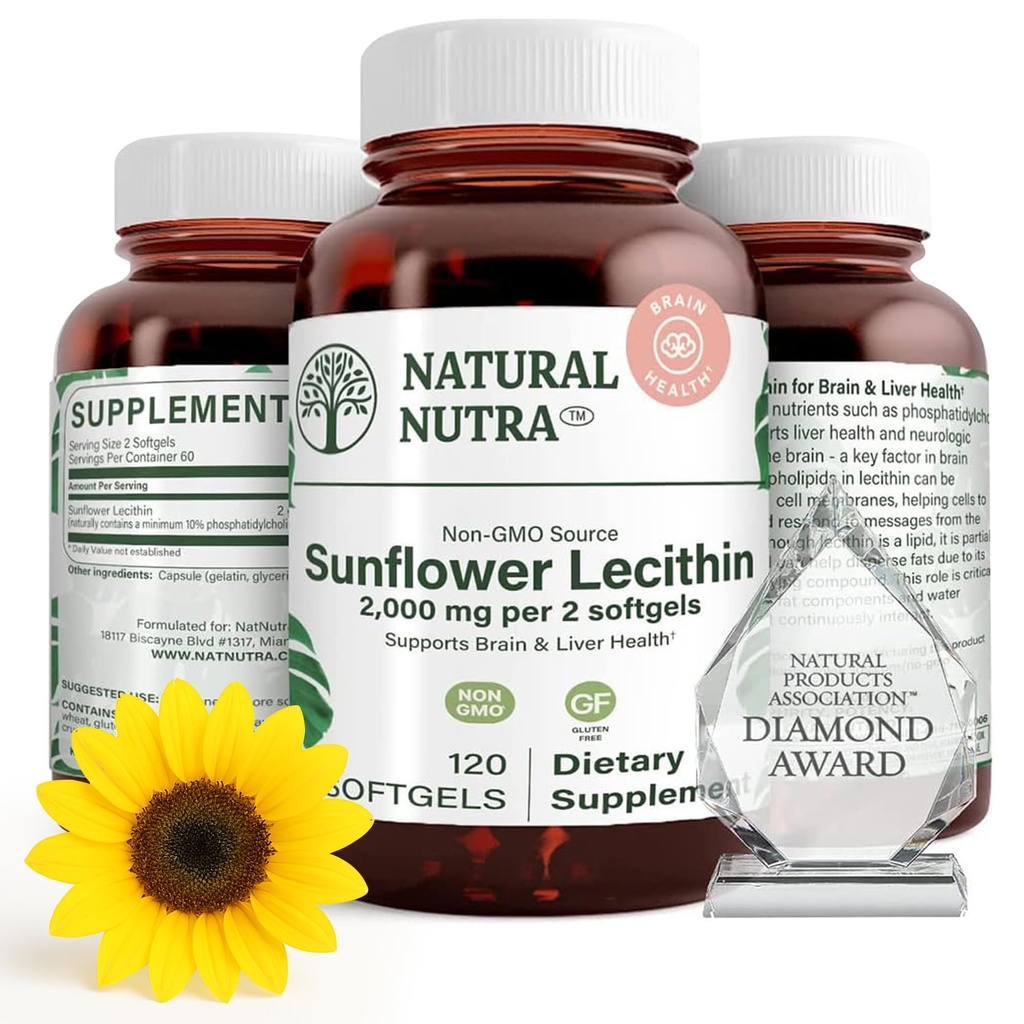 Natural Nutra Ηλίανθος Λεκιθίνη 2000 mg συμπλήρωμα, Υποστηρίζει Θηλασμό Moms με Plugged Duct Relief, Liver & Brain Health Booster, χωρίς σόγια, χωρίς γλουτένη, 120 Softge