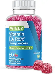 Yetişkinler ve gençler için Viteey Vitamin D3 Gummies - 10.000 IU, 25006, maksimum Güçlü - Ortak & Kas Sağlığı, Immune Boost - Chewable Vitamin D Gummies - Vegetarian, Gelatin Free - Tasty Berry Flavored