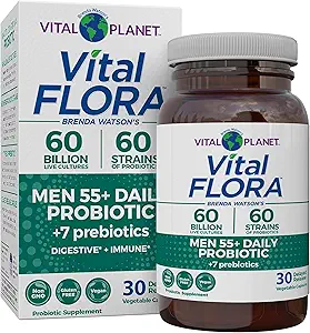 Vital Planet - Vital Flora Men 55+ Daily Probiotic, 60 Billion CFU, 60 Diverse Strains, 7 Organic Prebiotics, Immune Support, Gas Relief, Colon and Digestive Health Probiotics for Men 30 Κάψουλες