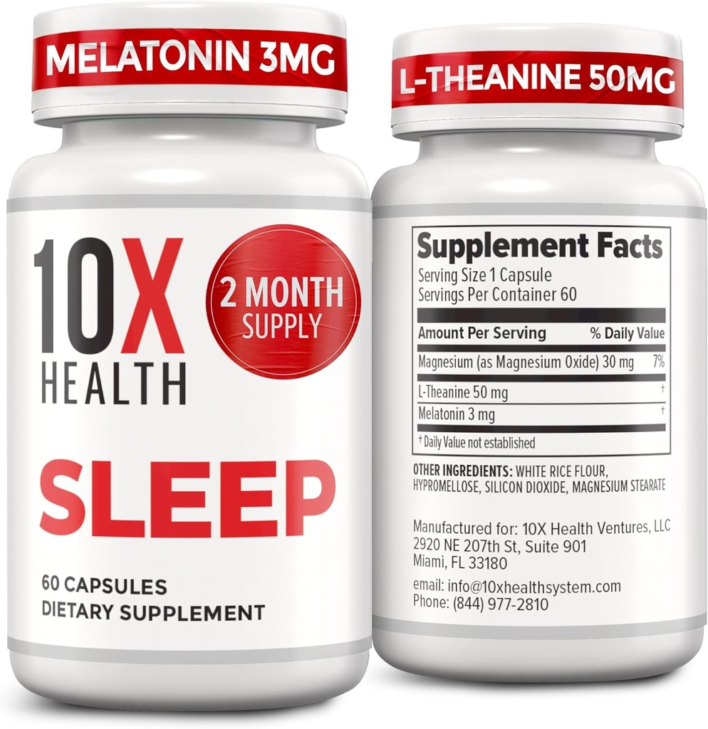 Yetişkinler için 10X Health Sleep Supplements - 60 Capsules - Melatonin 3 mg, L Theanine, Magnezyum Supplement, Magnezyum Oksit for Deep, Better Rest & Relaxation - 3-in-1 Natural Sleep Support