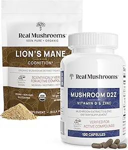 Real Mushrooms Vitamin D2, Chelated çinko, Chaga, Reishi (120ct) ve Organik Lion's Mane Toz (60 Hizmet) Sche - Immunity and Cognitive Support, Improv Abors - Vegan, Gluten Free, Non-GMOMOMO