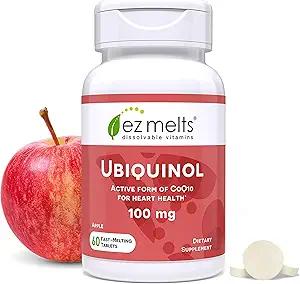 EZ Melts Dissolvable Ubiquinol 100mg, Active Form of CoQ10, Heart Health Supplements for Men & Women, Sugar-Free, 2-Month Supply - 1 Pack