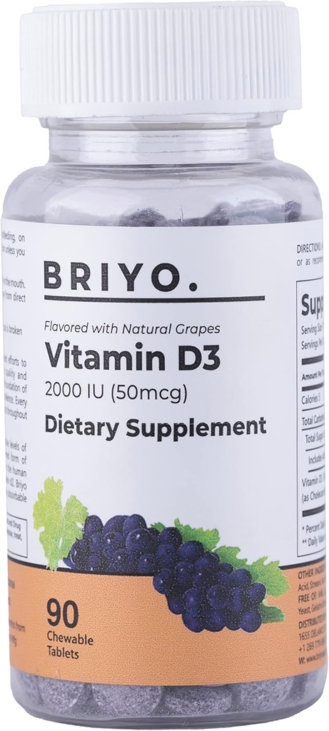 Briyo Vitamin d3 çiğnenebilir Tablet - 2000 IU (50 mcg Per Service) - Delicious Natural Grape Flavor, 90 Count Countpe