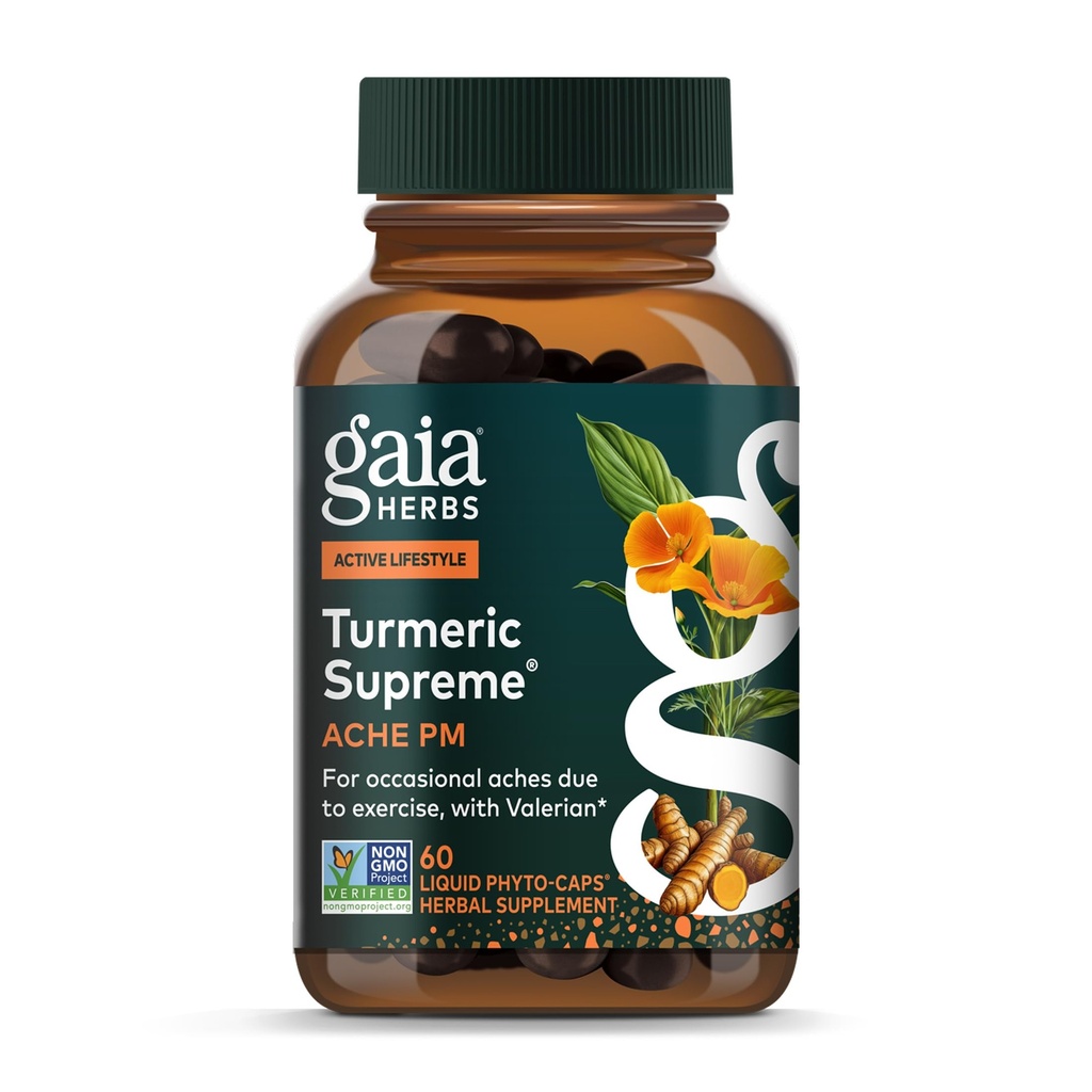 Gaia Herbs Turmeric Supreme Discomfort P.M. - Daha Fazla Restful Uykuyu Desteklemek için Gece Odasını Sağlamak - Tumeric Curcumin, Kava, Valerian,few - 60 Liquid Phyto-Capsules (30-Day Supply)