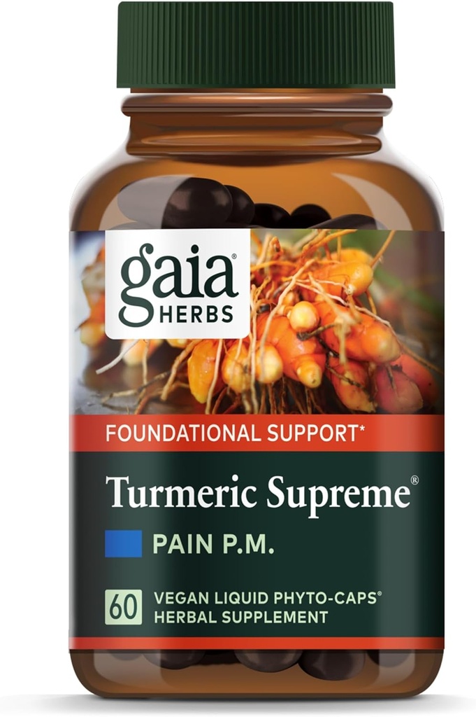Gaia Herbs Turmeric Supreme Discomfort P.M. - Daha Fazla Restful Uykuyu Desteklemek için Gece Odasını Sağlamak - Tumeric Curcumin, Kava, Valerian,few - 60 Liquid Phyto-Capsules (30-Day Supply)