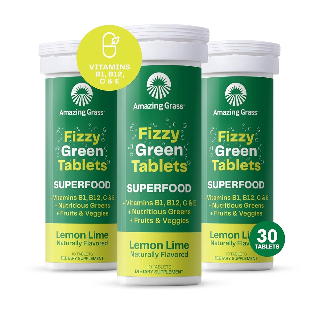 Amazing Grass Fizzy Green Tablets Superfood: Πράσινο Superfood Water Flavoring Tablet με Αντιοξειδωτικά & Αλκαλιστικά Πράσινα, λεμόνι Lime, 10 Count (Pack of 3)
