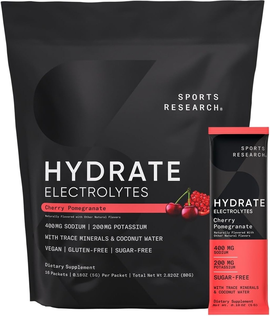 Spor Araştırmaları Hydrate Electrolytes Toz Paketleri - Sugar-Free & Natural Flavored with Vitamins, Minerals, and Coconut Water - Supports Hydration - 16 Packets - Cherry Pomegranate