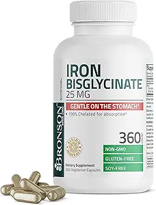 Bronson Demir Bisglycinate 25 mg Stomach, Destekler Enerji ve Sağlıklı Kızıl Kan Hücre Üretimi - Non-Constipating Formula - Non GMO, 360 Vegetarian Capsules