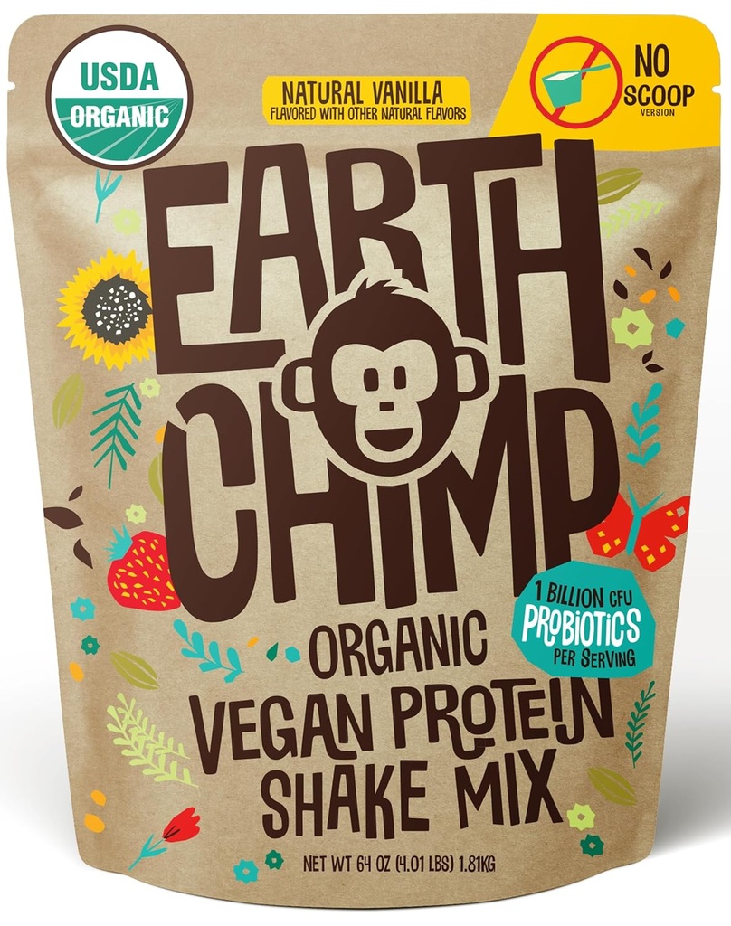 DünyaChimp Organik Vegan Protein Tozu - Probiyotiklerle - GMO, Süt Ücretsiz, Whey, Fabrika Kadınlar ve Erkekler için Temel Protein Tozu, Gluten Free - 52 Scoop (Vanilla) No Scoop