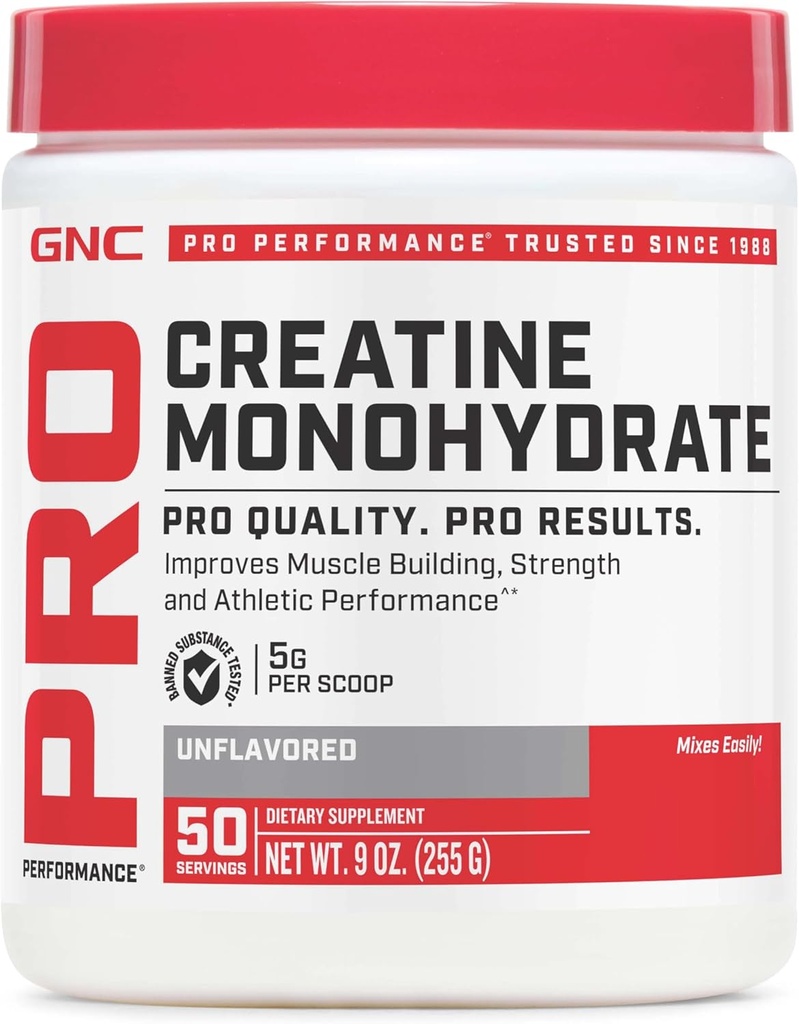 GNC Pro Performance Kretine Monohidrat Toz for Women & Men, 5 Kre Binası, Enerji Üretimi, Endurance, Performans, 50 Hizmet