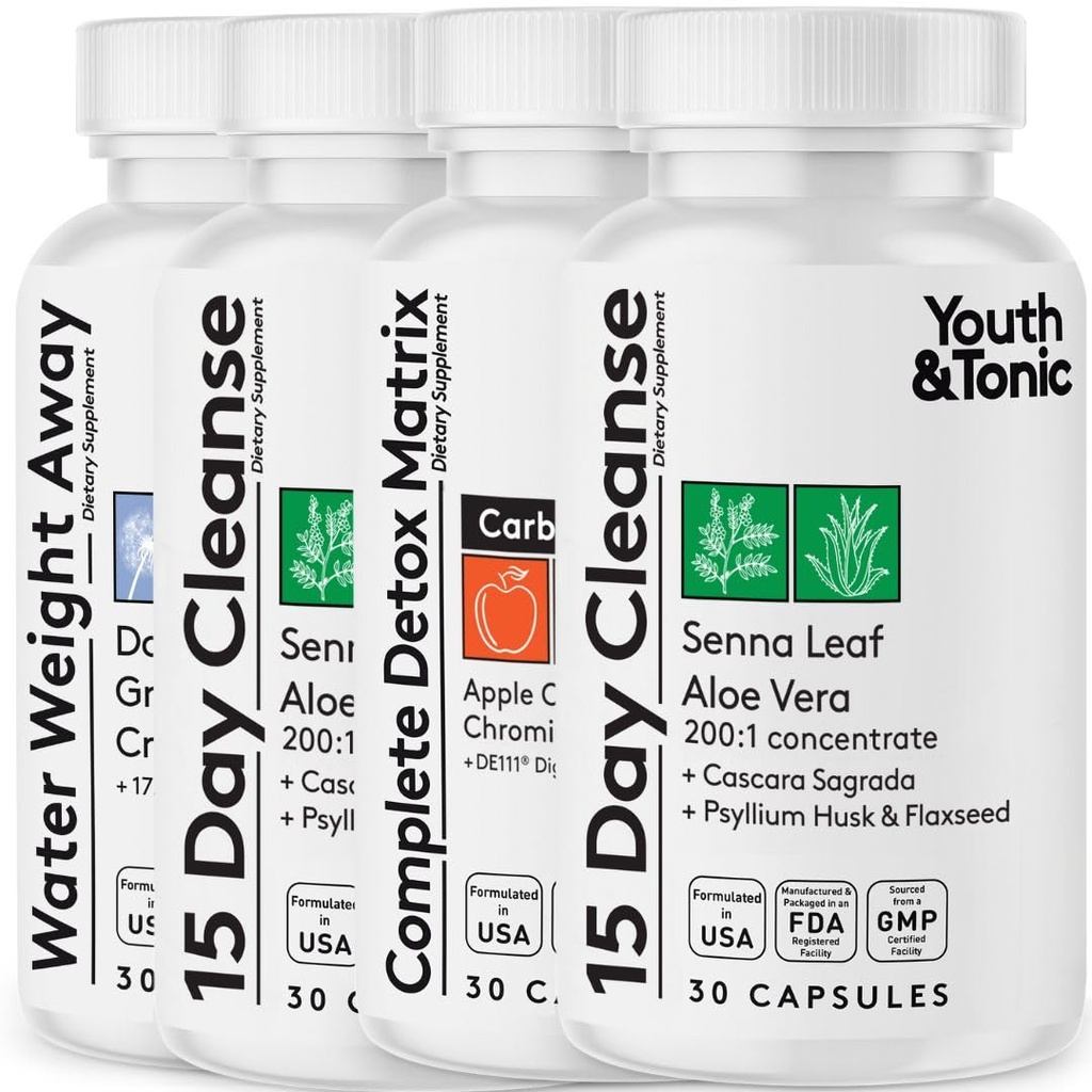 Detox Cleanse Kick Off Kilo Yönetimi ve Ekstra Kolon Temizser. 4pk for Water Kaybı, Bloating, Flat Stomach, Puffiness w Apple Cider Vinegar, Senna Leaf, Glucomannan, Chromium, Probiyotik 120 Pills Pills Pills