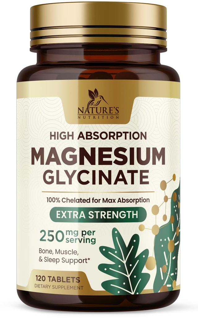 Magnezyum (Glycinate) - Kalp Sağlığı için Tamam, Nerve, Kas, Bone ve Sleep Support - 100 Chelated & High Abxia - 250 mg per Service - Gluten Free, Vegan, Non-GMO - 120 Count