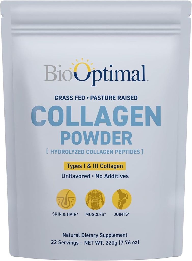 BioOptimal Collagen Peptides σε σκόνη - Grass-Fed, Pasture-Raised Hydrolyzed Protein Supplement for Skin, Hair, & Nails - Non-GMO, Zero Sugar Daily Supplement for Men & Women (22 Servings)