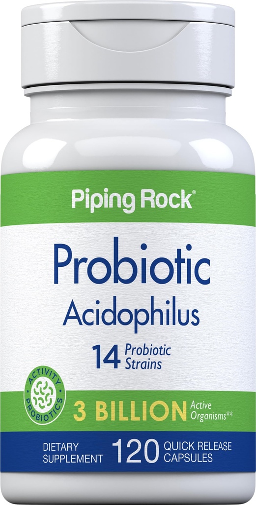 Piping Rock Probiyotik Acidofilius Capsules for Women and Men | 3 Milyar Canlı Kültürler | 120 Pills | 14 Strains Supplement | Non-GMO, Gluten Free