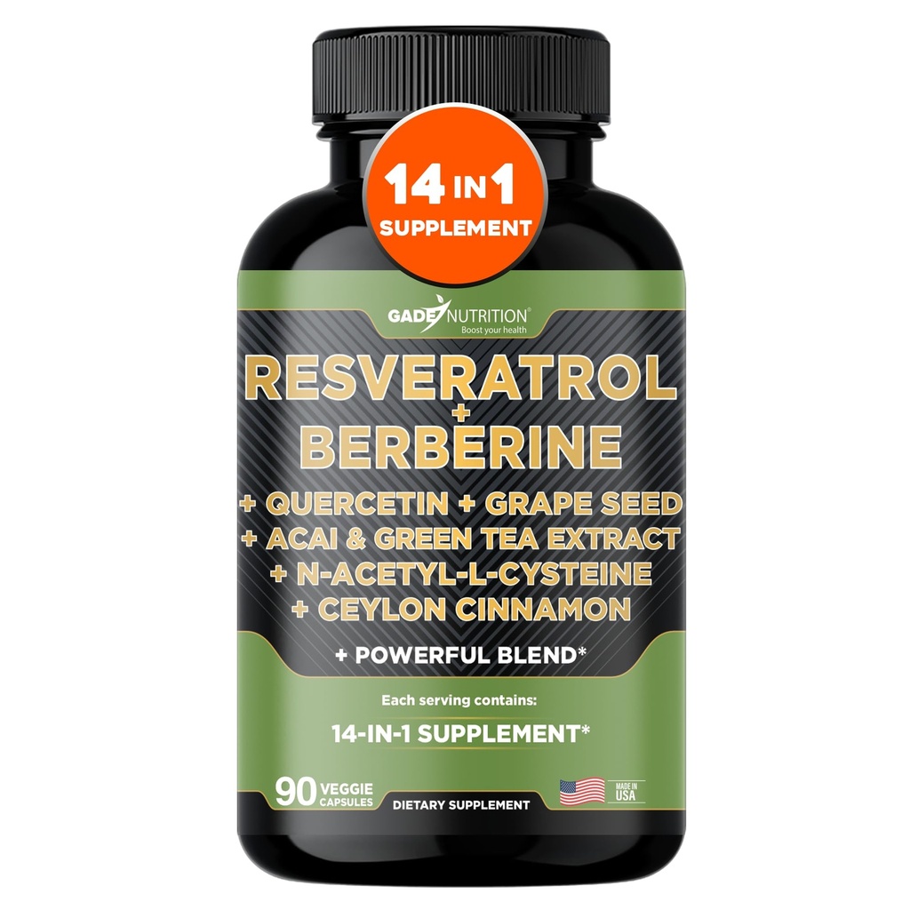 Gade Beslenme Resveratrol Berberine Quercetin Grape Tohumu Etiketi Yeşil Çayı N-Acetyl Cysteine - 1 Kompleks Tamam for Women & Men with Potent Antioksis - Made in USA