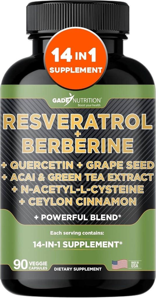 Gade Nutrition Resveratrol Berberine Quercetin Grape Seed Extract Πράσινο εκχύλισμα τσαγιού N-Acetyl Cysteine - 14 in 1 Complex Supplement for Women & Men with Poent Antioxidants - Made in USA