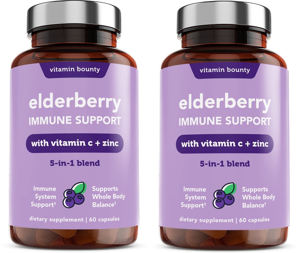 Vitamin Bounty Elderberry Immune Support - with Zinc, Vitamin C & Echinacea, Advanced 5-in-1 Blend, Powerful Antioxidant, Supports Whole Body Balance, Non-GMO - 60 Capsules, 2 Pack