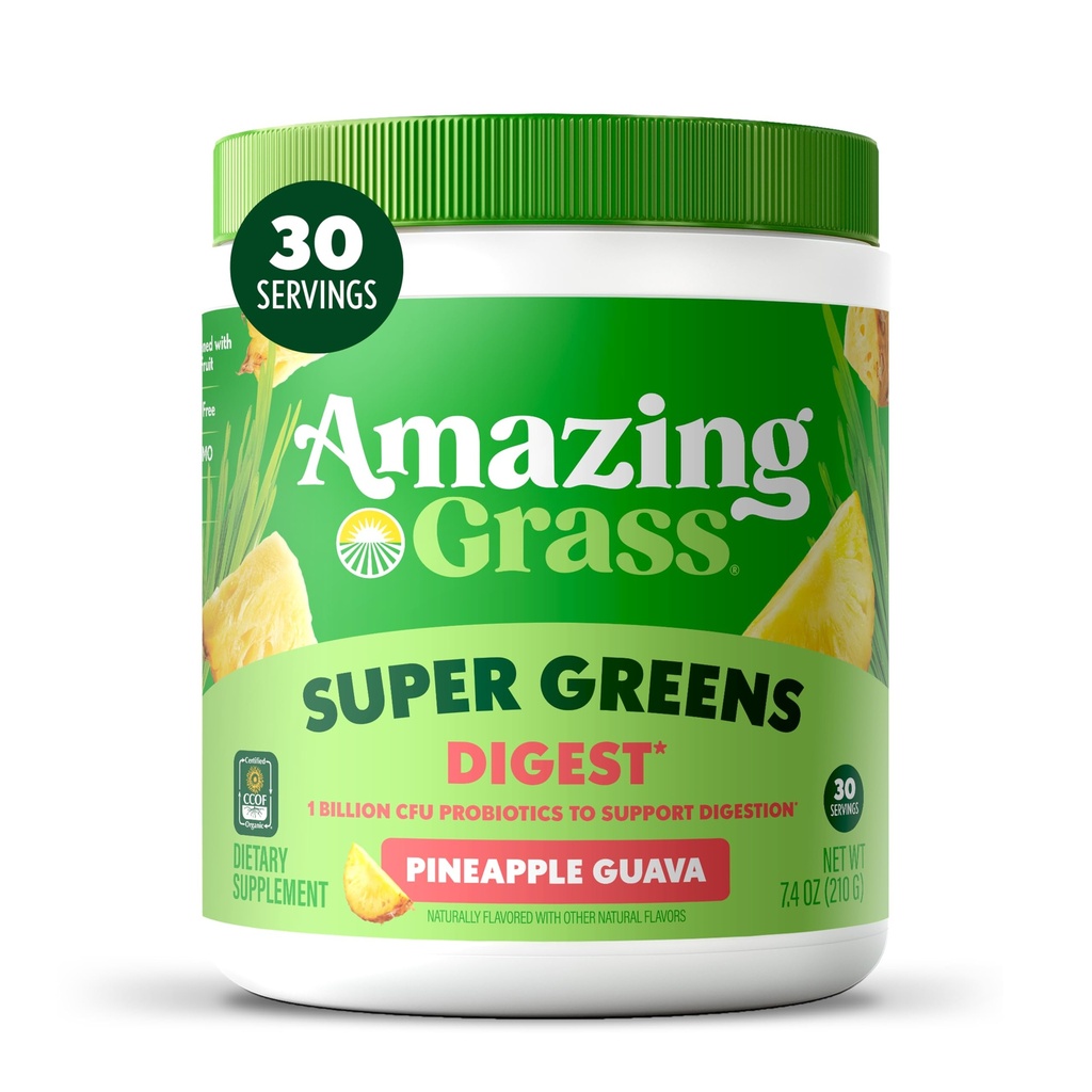 Amazing Grass Super Greens Powder Digest, Organic Greens Blend Smoothie Mix, Digestion Support, Spirulina, Chlorella, Probiotic Drink Mix, Pineapple Guava, 30 Servings, 7.4 Ounce (Packaging May Vary)