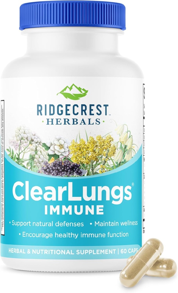 RidgeCrest Herbals ClearLungs Immune, Lung Support Supplement with Mullein, Elderberry, çinko, C vitamini, Vitamin A, Olive Leaf (60 Caps, 30 Serv)