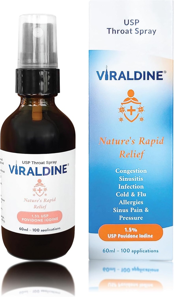 % 1.5 Povidone-Iodine Sore Throat Spray, Microplastik-Free Şişe, FSA / HSA Eable, 60 ml