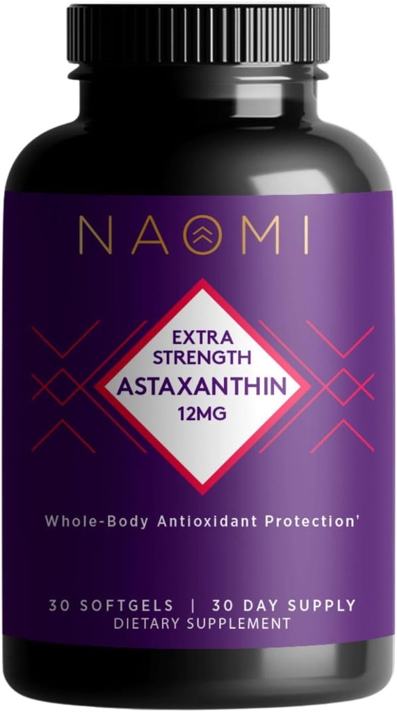 NAOMI Extra Strength Patented Astaxanthin 12 mg Supplement from Alaskan Algae - Natural Support for Skin & Eye Health, Joint Support - Non-GMO, Gluten Free, 30 Softgels - 1 Ay Supply