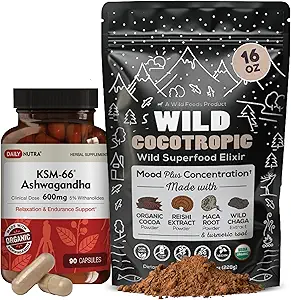DailyNutra KSM 66 Ashwagandha (90 Capsules) ve Mushroom Cacao Mix (16oz) Rahatlama ve Odaklılık için Grafik (90 Capsules)