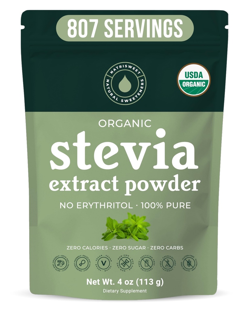 Organik Pure 100% Stevia Toz, 4 oz, Satisfies Sweet Cravings, Lowers Blood Sugar Levels for Diabetics, Bulk Tozlu Stevia Extract Sweetener for Better Baking & Beverages, 800+ Sort by NatriSweet