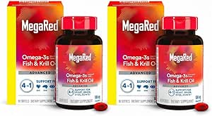 MegaRed Advanced 4-in-1 2X Concentrated 500mg Omega-3 Fish Oil & Antarctic Krill Oil with Fatty Acid, EPA/DHA Supports Heart, Brain, Joints, Eye Health 80 Count Softgels (2 Pack)