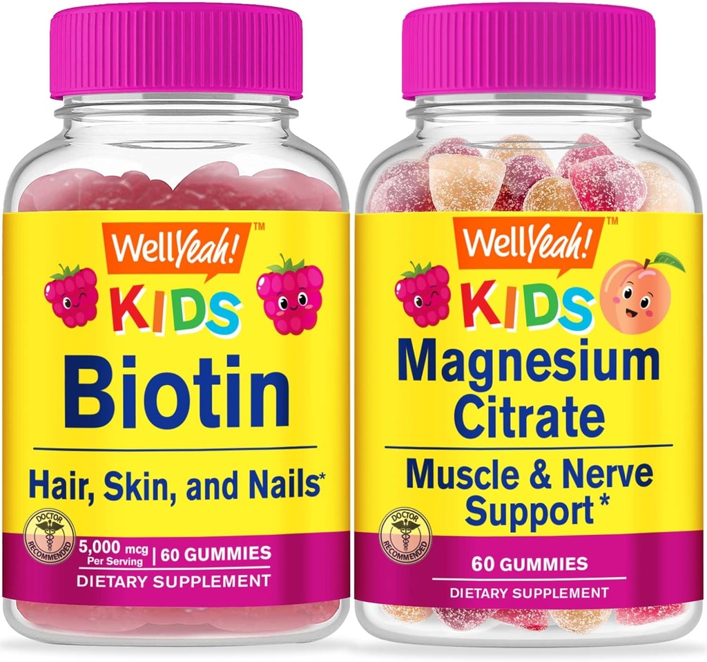 WellEvet Biotin Kids + Magnezyum Citrate Kids, Gummies Sche - Great Tasting, Vitamin Supplement, Gluten Free, GMO Free, Chewable Gummy