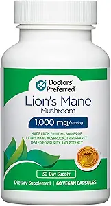DOCTERS' PREFERRED Lions Mane Mushroom Supplement - 1.000 mg/Serving, 60 Vegan Capsules for Brain Health and General Daily Wellness. (30-Day Supply)